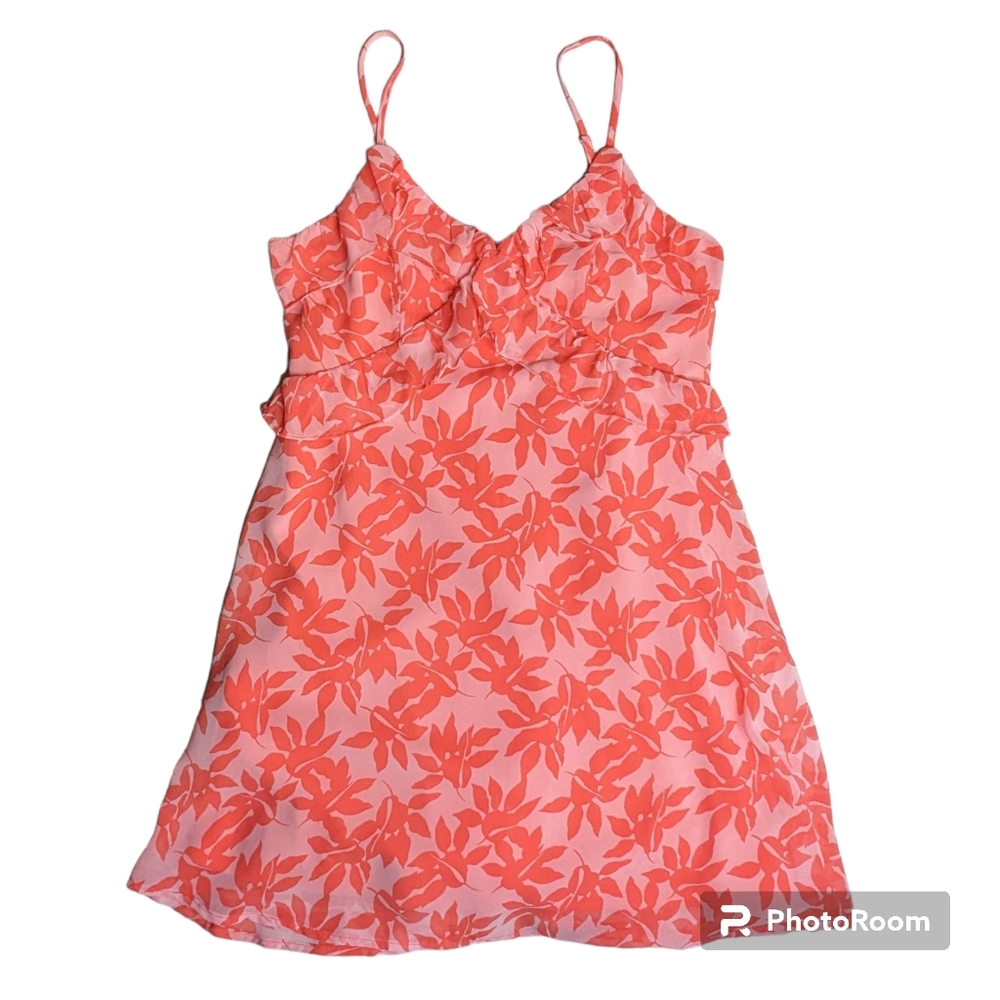Francesca's Miami Mini Dress Womens Sz M Orange Red Pink Floral Flowing Ruffles